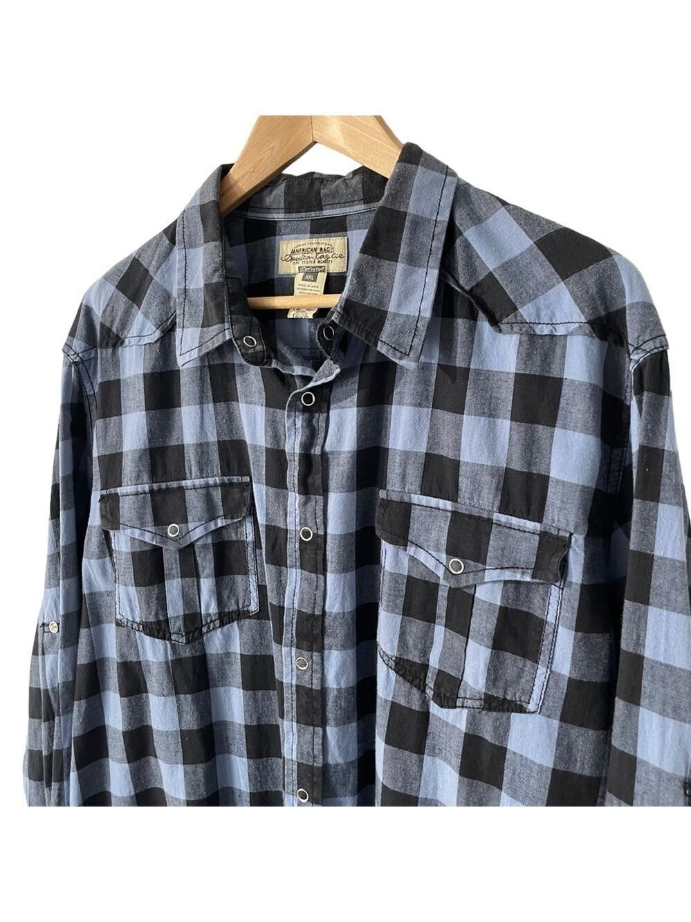 American Rag Button Down Shirt Mens XXL Blue Black Check Western Casual EUC